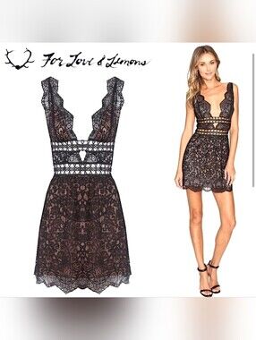 🍋For Love & Lemons Black Lace Fit-and-Flare Mini Dress 🍋 Mon Cheri -XS- NEW